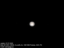 Jupiter, aufgenommen am 7. Juli 2020 mit einem Mak 90/1250 und Planetencam. (Credit: astropage.eu)