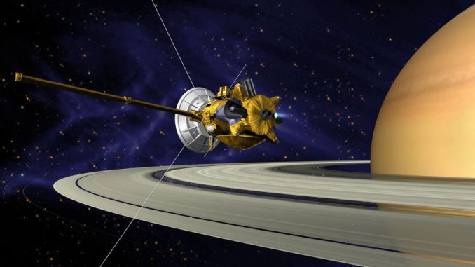 Künstlerische Darstellung von Cassini bei der Ankunft im Saturnsystem, kurz nach der Zündung ihres Haupttriebwerks. (NASA / JPL) Künstlerische Darstellung von Cassini bei der Ankunft im Saturnsystem, kurz nach der Zündung ihres Haupttriebwerks. (NASA / JPL)