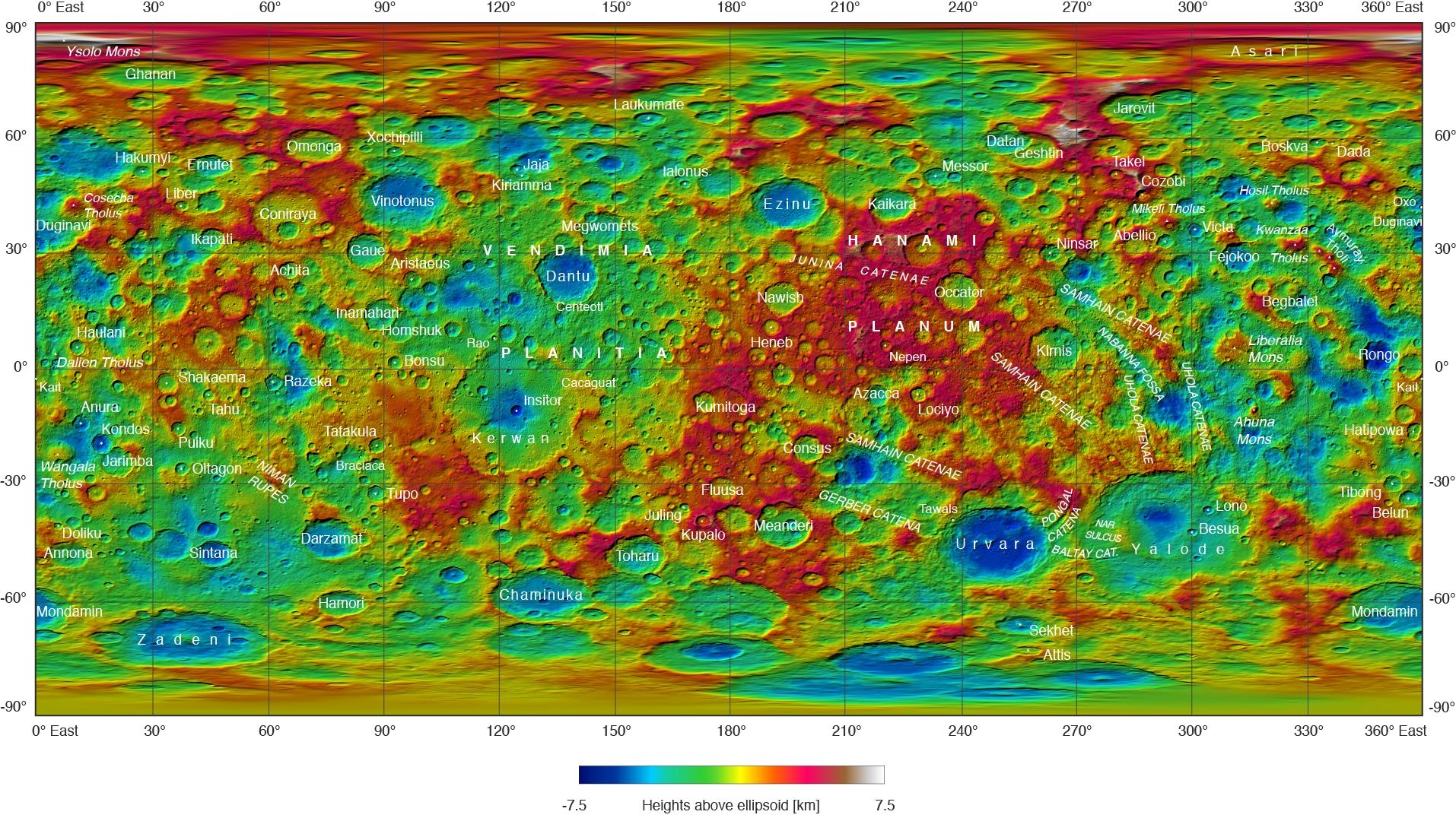 Topografische Karte von Ceres. (NASA / JPL-Caltech / UCLA / MPS / DLR / IDA)