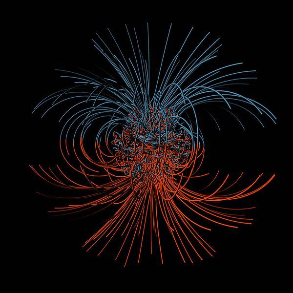 Schematische Darstellung des Erdmagnetfeldes. Innerhalb des Erdmantels wird das Magnetfeld so komplex, dass es nicht mehr mit einem Dipolfeld beschrieben werden kann. (Gary A Glatzmeier, National Science Foundation)