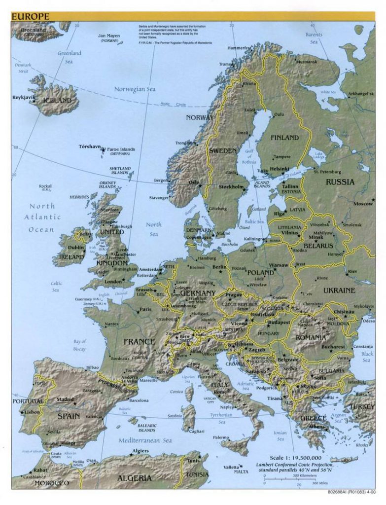 Karte von Europa und benachbarten Staaten (Anklicken zum Vergrößern) (mapsof.net)