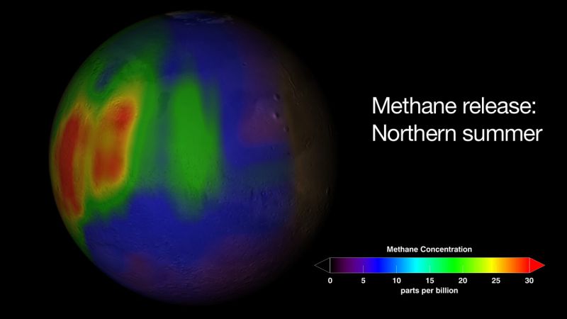 Methankonzentration in der Marsatmosphäre im nördlichen Sommer (Courtesy of Trent Schindler / NASA)