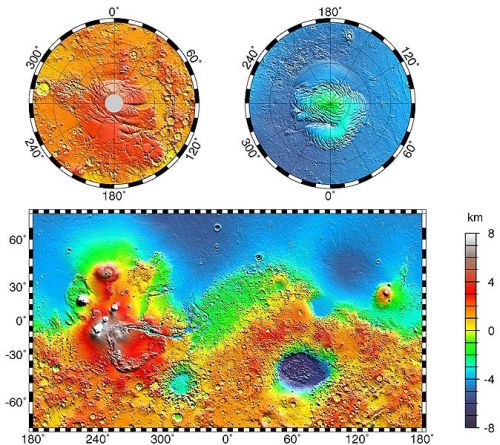 Topografische Karte des Mars (Höhenrelief) (Courtesy of NASA / JPL / GSFC)