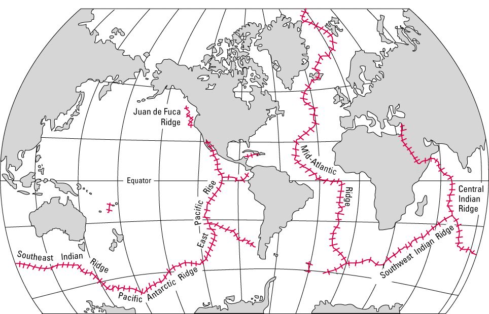 Lage der mittelozeanischen Rücken (Courtesy of USGS)