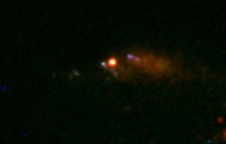 Hubble-Aufnahme des Gammasblitzes GRB 100316D und der Supernova SN 2010bh. (A. Levan/D. Bersier)