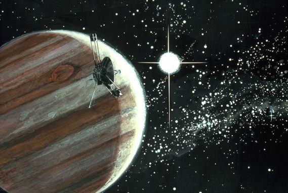 Künstlerische Darstellung der Sonde Pioneer 10 vor Jupiter (NASA Ames Resarch Center (NASA-ARC))
