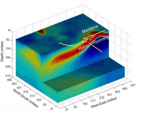 Darstellung der Yellowstone-Plume auf Basis der elektrischen Leitfähigkeit des geschmolzenen Gesteins (University of Utah) Darstellung der Yellowstone-Plume auf Basis der elektrischen Leitfähigkeit des geschmolzenen Gesteins (University of Utah)