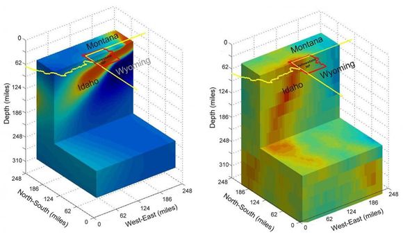 Vergleich zwischen geoelektrischem Bild (links) und seismischem Bild (rechts) (University of Utah)