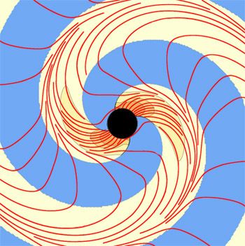 Zwei spiralförmige Vortexe (gelb) aus gekrümmtem Raum, und die Vortexlinien (rot) (The Caltech/Cornell SXS Collaboration)