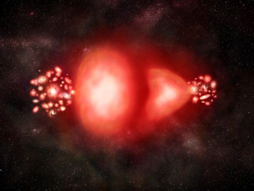 Illustration der gegenseitigen Vernichtung von Materie und Antimaterie (NASA/CXC/M. Weiss) Illustration der gegenseitigen Vernichtung von Materie und Antimaterie (NASA/CXC/M. Weiss)
