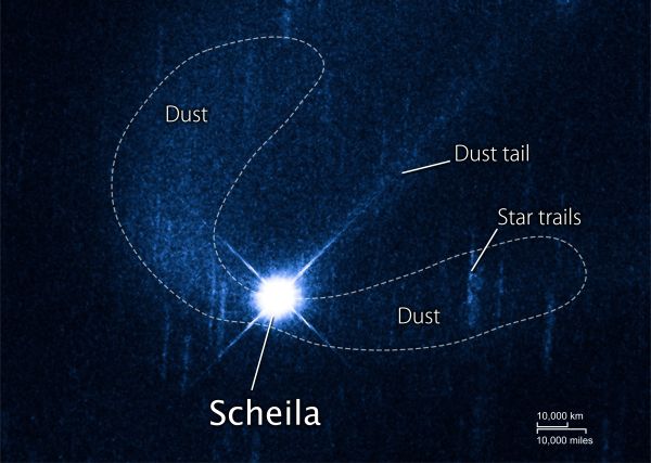 Das Hubble Space Telescope fotografierte (596) Scheila am 27. Dezember 2010, als der Asteroid etwa 350 Millionen Kilometer entfernt war. Scheila ist in dieser Aufnahme überbelichtet, um die schwachen Staubwolken zu enthüllen. Der Asteroid ist von einer C-förmigen Staubwolke umgeben und zeigt einen geraden Staubschweif im sichtbaren Licht. (NASA/ESA/D. Jewitt (UCLA))