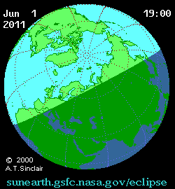 Zeitlicher Verlauf der partiellen Sonnenfinsternis vom 1. Juni 2011 (A.T. Sinclair / NASA)