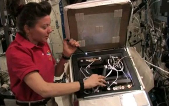Astronautin Cady Coleman zeigt das Habitat der Spinnen (NASA)