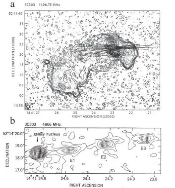 Schematische Darstellung der Galaxie 3C303 im Radiowellenbereich, basierend auf Daten des Very Large Array (P. Kronberg) Schematische Darstellung der Galaxie 3C303 im Radiowellenbereich, basierend auf Daten des Very Large Array (P. Kronberg)