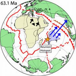 Rekonstruktion des Indo-Atlantischen Ozeans vor 63 Millionen Jahren als die Bewegung Indiens schneller wurde (Scripps Institution)