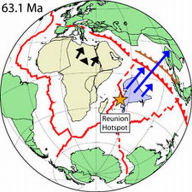 Rekonstruktion des Indo-Atlantischen Ozeans vor 63 Millionen Jahren als die Bewegung Indiens schneller wurde (Scripps Institution) Rekonstruktion des Indo-Atlantischen Ozeans vor 63 Millionen Jahren als die Bewegung Indiens schneller wurde (Scripps Institution)