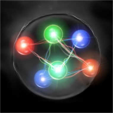 Künstlerische Darstellung eines gebundenen H Dibaryons, theoretisch bestehend aus zwei Up-, zwei Down-, und zwei Strange-Quarks (Copyright 2011, Keiko Murano)