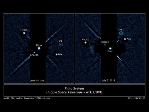 Zwei beschriftete Bilder des Plutosystems, aufgenommen von der Wide Field Camera 3 des Hubble Space Telescope (NASA, ESA, and M. Showalter (SETI institute)) Zwei beschriftete Bilder des Plutosystems, aufgenommen von der Wide Field Camera 3 des Hubble Space Telescope (NASA, ESA, and M. Showalter (SETI institute))