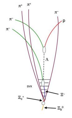 Schematische Darstellung der bei der Kollision und dem Zerfall entstandenen Teilchen (CDF Collaboration) Schematische Darstellung der bei der Kollision und dem Zerfall entstandenen Teilchen (CDF Collaboration)