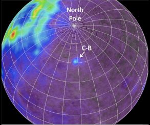 Mondkarte, die das Vorkommen des radioaktiven Elements Thorium anzeigt. Die größten Vorkommen befinden sich auf der erdzugewandten Seite. C-B zeigt die Compton-Belkovich Anomalie an (NASA / GSFC / ASU / WUSTL, processing by B. Jolliff)