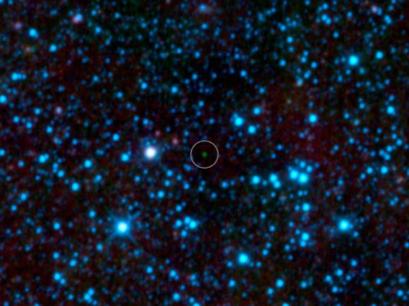 Der bislang kälteste Braune Zwerg "WISE 1828+2650" (grüner Punkt), aufgenommen vom Weltraumteleskop WISE (NASA / JPL-Caltech)