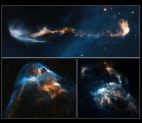 Die Herbig-Haro-Objekte HH 47 (oben), HH 2 (unten rechts) und HH 34 (unten links). (NASA, ESA, and P. Hartigan (Rice University))