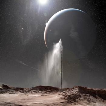 Künstlerische Darstellung eines Eisvulkan-Eruption auf Triton. (Copyright D. Fortes)