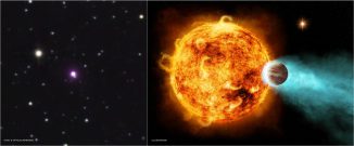 CoRoT-2a und sein Planet (rechts eine Illustration) (X-ray: NASA / CXC / Univ of Hamburg / S.Schröter et al; Optical: NASA / NSF / IPAC-Caltech / Umass / 2MASS, UNC / CTIO / PROMPT; Illustration: NASA / CXC / M.Weiss)
