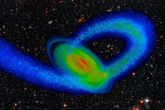 Computermodell der Milchstraße und ihres kleinen Nachbarn, der Sagittarius-Zwerggalaxie (Image by Tollerud, Purcell and Bullock / UC Irvine)