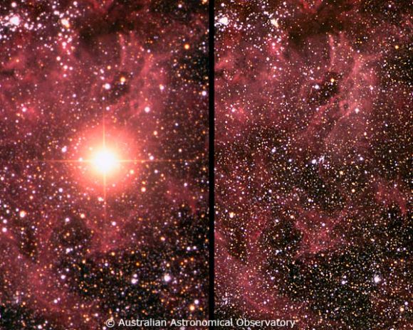 Die Supernova SN 1987A (links) und die Region vor dem Ereignis (rechts). (Australian Astronomical Observatory, photograph by David Malin)