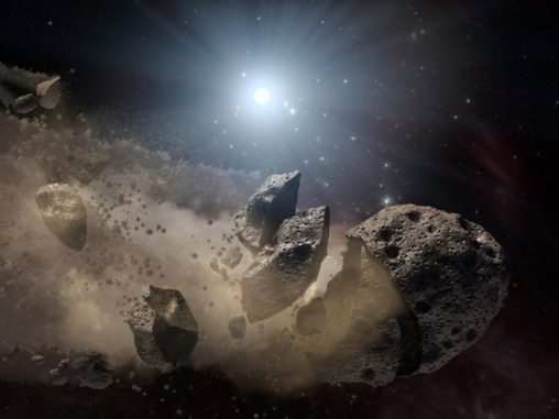 Künstlerische Darstellung einer Asteroidenkollision mit darauf folgendem Auseinanderbrechen des Körpers (NASA / JPL-Caltech)