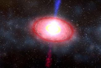 Illustration eines kurzen Gammastrahlungsausbruchs, ausgelöst durch eine Kollision eines Neutronensterns mit einem Schwarzen Loch. (Dana Berry / NASA)