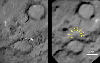 Künstlich verursachter Krater auf dem Kometen Tempel 1. (NASA/JPL-Caltech/University of Maryland/Cornell)