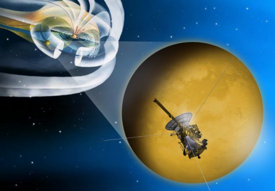 Schematische Darstellung der Interaktionen zwischen Saturn und Titan. ( NASA/JPL-Caltech) Schematische Darstellung der Interaktionen zwischen Saturn und Titan. ( NASA/JPL-Caltech)