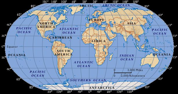 Weltkarte mit den Kontinenten und Ozeanen (Courtesy of NASA)