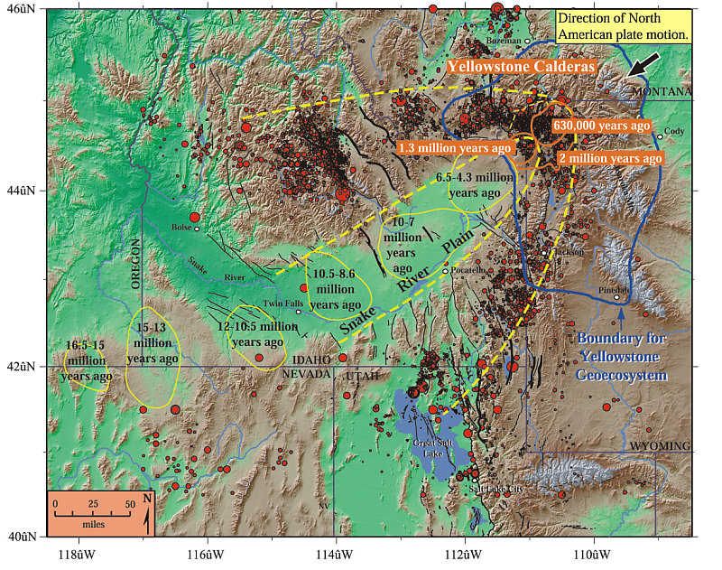 Ausbrüche des Yellowstone Supervulkans - Anklicken zum Vergrößern (Bild:©2000 by Smith & Siegel)