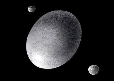 Künstlerische Darstellung des Zwergplaneten Haumea und seiner beiden Monde Hi'iaka und Namaka (NASA)