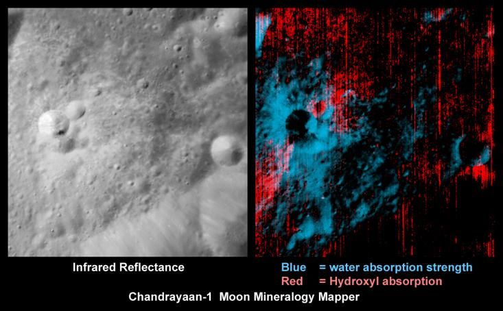 Wasser und Hydroxyl in der Nähe eines jungen Kraters (Courtesy of ISRO / NASA / JPL-Caltech / USGS / Brown Univ.)