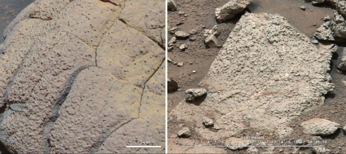 Dieser Bildvergleich zeigt Gestein, das von den NASA-Rovern Opportunity und Curiosity an zwei verschiedenen Orten auf dem Mars untersucht wurde. Links ist der Felsen "Wopmay" im Endurance-Krater in der Region Meridiani Planum zu sehen, aufgenommen von Opportunity. Rechts sieht man die "Sheepbed"-Felsen in der Yellowknife Bay im Gale-Krater, aufgenommen von Curiosity. (NASA / JPL-Caltech / Cornell / MSSS)