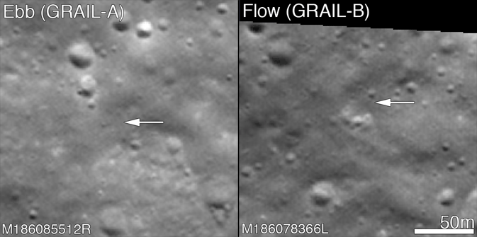 Vorher-Nachher-Vergleich der beiden Einschlagstellen von GRAIL A (links) und GRAIL B (rechts). (NASA / GSFC / Arizona State University)