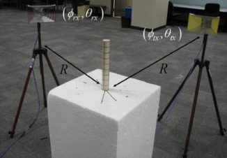 Versuchsaufbau des Experiments mit dem Transmitter (rechts) und dem Empfänger (links). In der Mitte befindet sich der zylindrische Stab, der im Mikrowellenbereich unsichtbar gemacht werden soll. (J C Soric et al. / IOP)