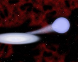 Diese künstlerische Darstellung zeigt das vermutete Vorläufersystem einer Typ-Iax-Supernova: Ein kleiner Weißer Zwerg (links) zieht Materie von einem heißen, blauen Heliumstern ab. (Christine Pulliam (CfA))