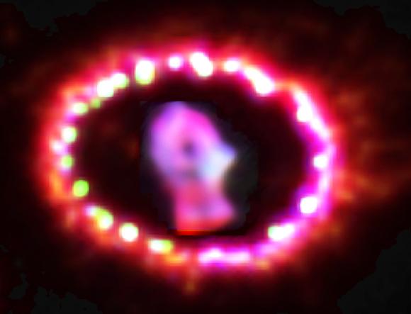 Optische Aufnahme des Supernova-Überrests 1987A vom Weltraumteleskop Hubble. (NASA, ESA, and P. Challis (Harvard-Smithsonian Center for Astrophysics))