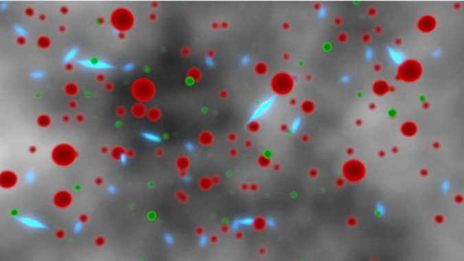 Veranschaulichung des heißen Plasmas, aus dem das frühe Universum bestand: Photonen (blau), Protonen (rot) und Elektronen (grün). Erst viele tausend Jahre später war das Universum kühl und durchsichtig genug, damit die Photonen ungehindert ihre Reise antreten konnten. (NASA / JPL-Caltech)