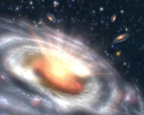Diese künstlerische Darstellung zeigt die Wechselwirkungen eines supermassiven Schwarzen Lochs mit einer umgebenden Akkretionsscheibe im Zentrum einer entfernten Galaxie - einen sogenannten Quasar. Dabei entsteht Strahlung in verschiedenen Wellenlängen, darunter auch optisches Licht und Radioemissionen. (SLAC National Accelerator Laboratory)