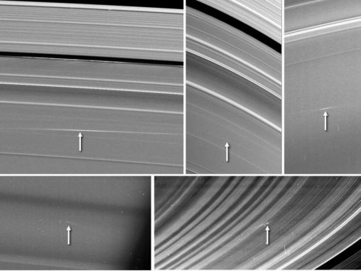 Die Pfeile markieren Trümmerwolken, die von Meteoroiden-Einschlägen in die Saturnringe verursacht wurden. Oben links und in der Mitte ist eine Wolke im A-Ring zu sehen. Die Bilder oben rechts und unten links zeigen Trümmerwolken im C-Ring. Die Trümmerwolke im unteren rechten Bild befindet sich im B-Ring. (NASA / JPL-Caltech / Space Science Institute / Cornell)