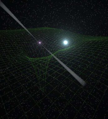 Künstlerische Darstellung des Binärsystems PSR J0348+0432. Der kleine Neutronenstern ist deutlich massereicher als sein begleitender Weißer Zwerg. Das grüne Gitter veranschaulicht die Krümmung der Raumzeit, die von der Masse und Schwerkraft dieser Objekte verursacht wird. (Antoniadis, et al.)