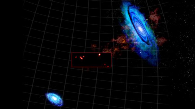 Diese Grafik zeigt neue hochauflösende Daten (in der Box), die das Green Bank Telescope von den kürzlich entdeckten Wasserstoffwolken zwischen M31 (oben rechts) und M33 (unten links) gesammelt hat. (Bill Saxton, NRAO / AUI / NSF)