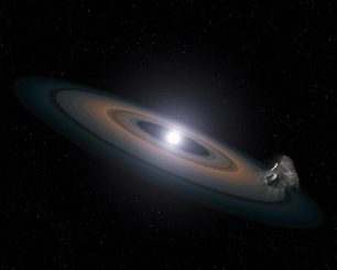 Künstlerische Darstellung der Scheibe aus Gesteinstrümmern um einen Weißen Zwerg. (NASA, ESA, STScI, and G. Bacon (STScI))