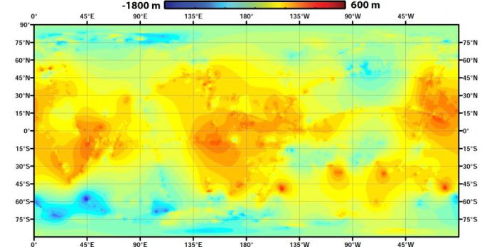 Die erste globale topografische Karte des Saturnmondes Titan. (NASA / JPL-Caltech / ASI / JHUAPL / Cornell / Weizmann) Die erste globale topografische Karte des Saturnmondes Titan. (NASA / JPL-Caltech / ASI / JHUAPL / Cornell / Weizmann)